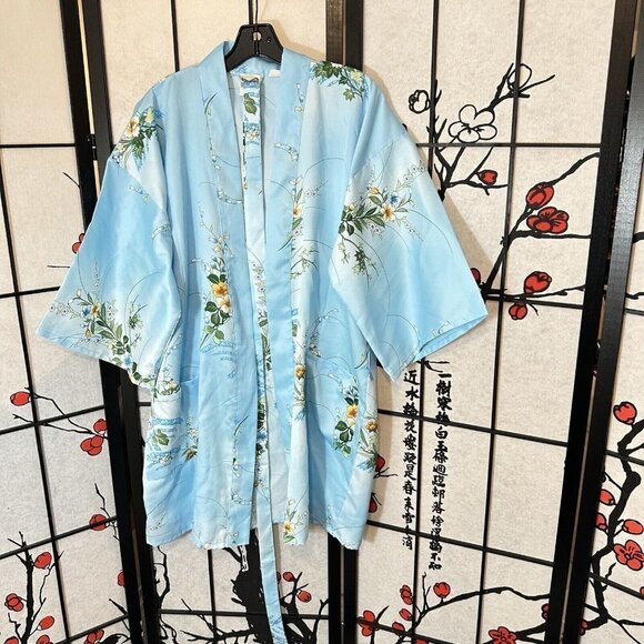JAPANESE Geisha KIMONO WOMEN'S ROBE GOWN VINTAGE Blue Floral - Picture 1 of 8